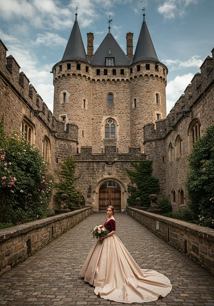 Bride in stunning couture gown in medieval castle courtyard with ancient stone walls