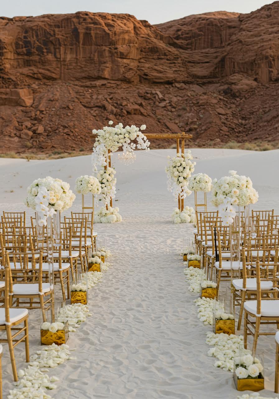 Luxury desert wedding ceremony with ornate seating against dramatic red sandstone cliffs