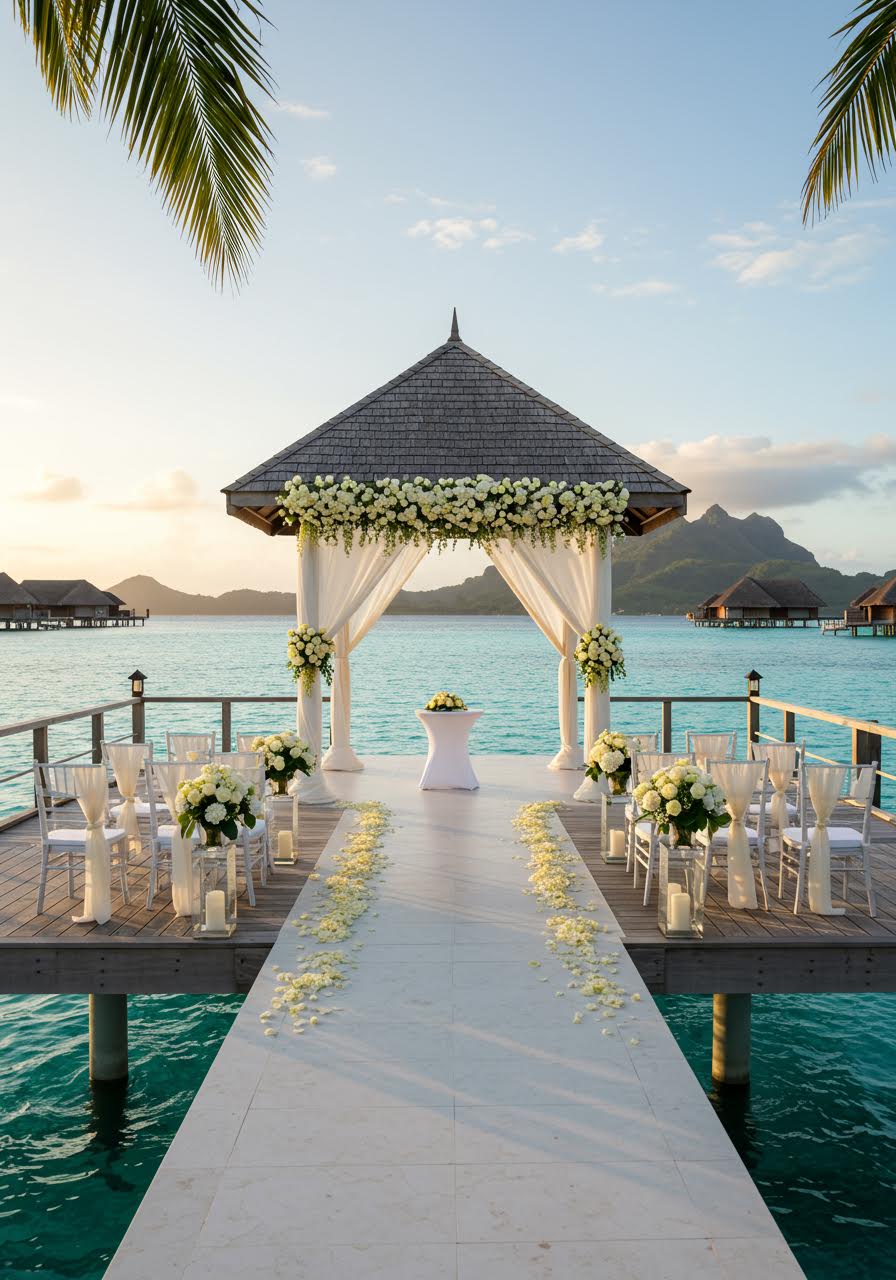 Luxury overwater wedding pavilion with white archway and orchids above turquoise lagoon waters