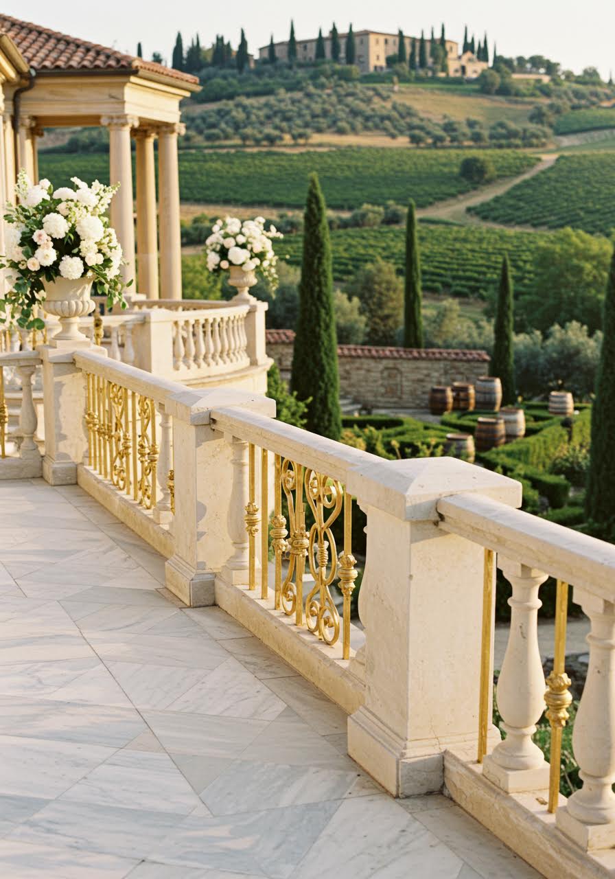 Luxury vineyard estate with rolling hills and stone manor house during golden sunset