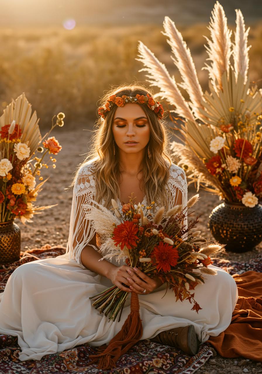Bohemian bride displaying earth-toned makeup with warm terracotta eyeshadow seated in desert landscape with pampas grass during golden hour