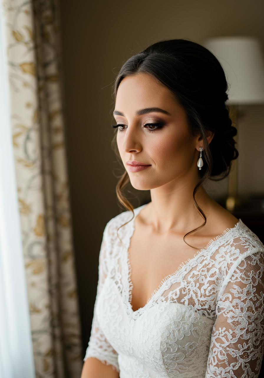 Elegant bride with delicate neutral eye makeup in soft brown tones seated in preparation room during golden hour lighting