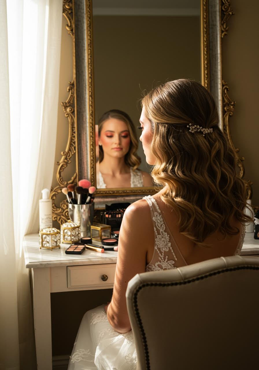 Glowing bride with coral and peach makeup palette seated at ornate vanity mirror in upscale bridal boutique during golden hour