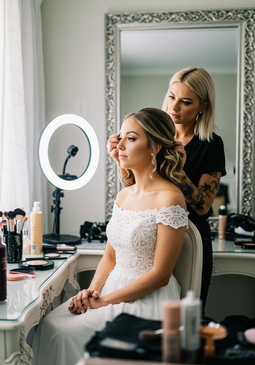Bride receiving professional false lash application from makeup artist in bright modern bridal suite during morning preparations