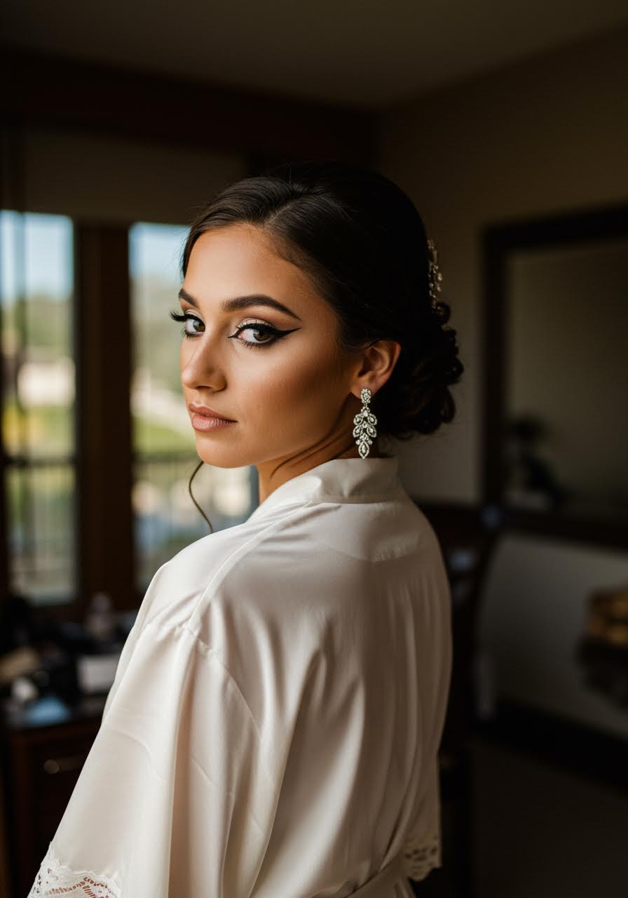 Sophisticated bride featuring dramatic cat eye makeup looking over shoulder in elegant bridal suite with floor-to-ceiling windows