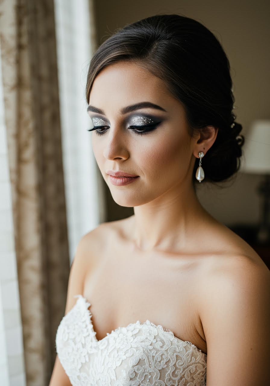 Elegant bride showcasing refined smoky eye makeup with charcoal and silver tones and precise winged eyeliner in luxury bridal suite