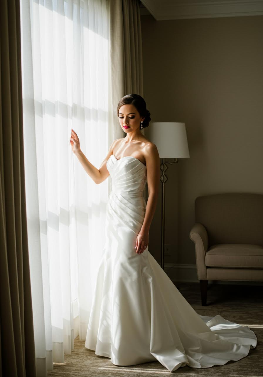 Classic bride in white strapless gown with bold red lipstick standing elegantly in bridal suite during soft afternoon light