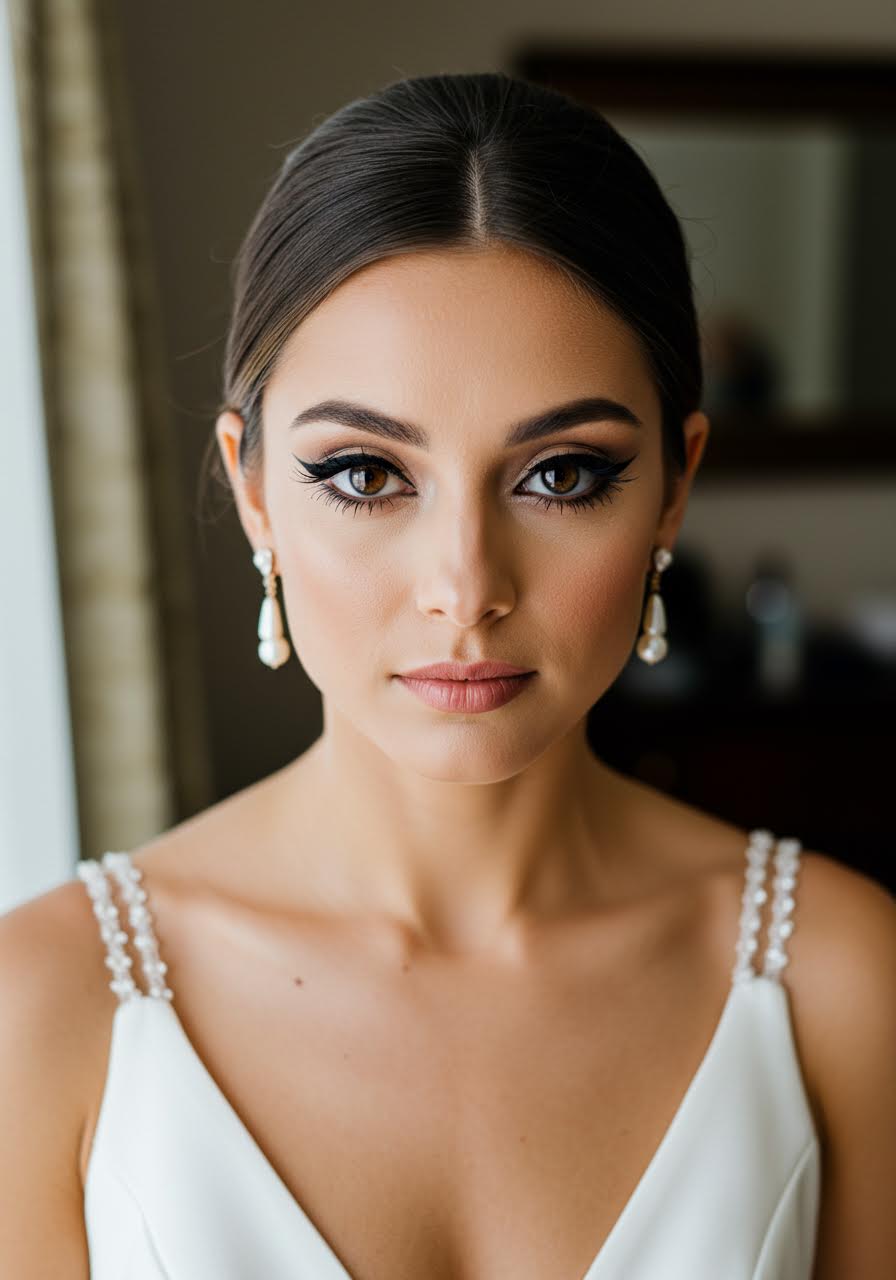 Striking bride with bold dramatic winged eyeliner gazing directly at camera in opulent bridal suite