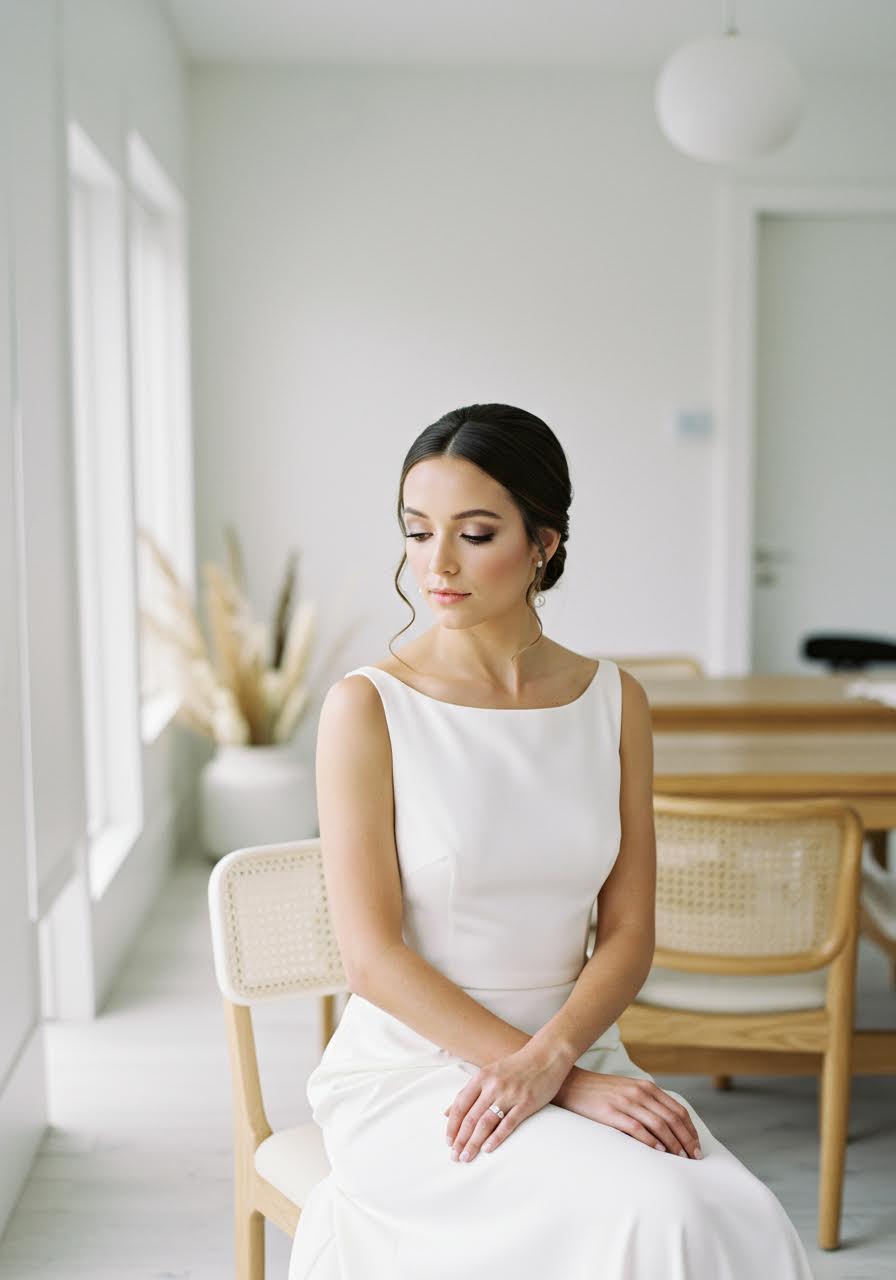 Elegant bride showcasing minimalist makeup with perfect dewy skin and nude lips in contemporary bridal suite with natural lighting