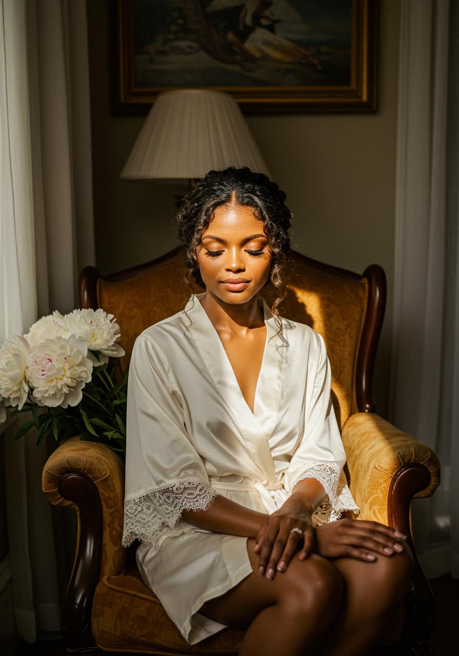 Radiant bride with luminous dewy natural makeup and warm earth-toned eyeshadow seated in vintage velvet chair during golden hour