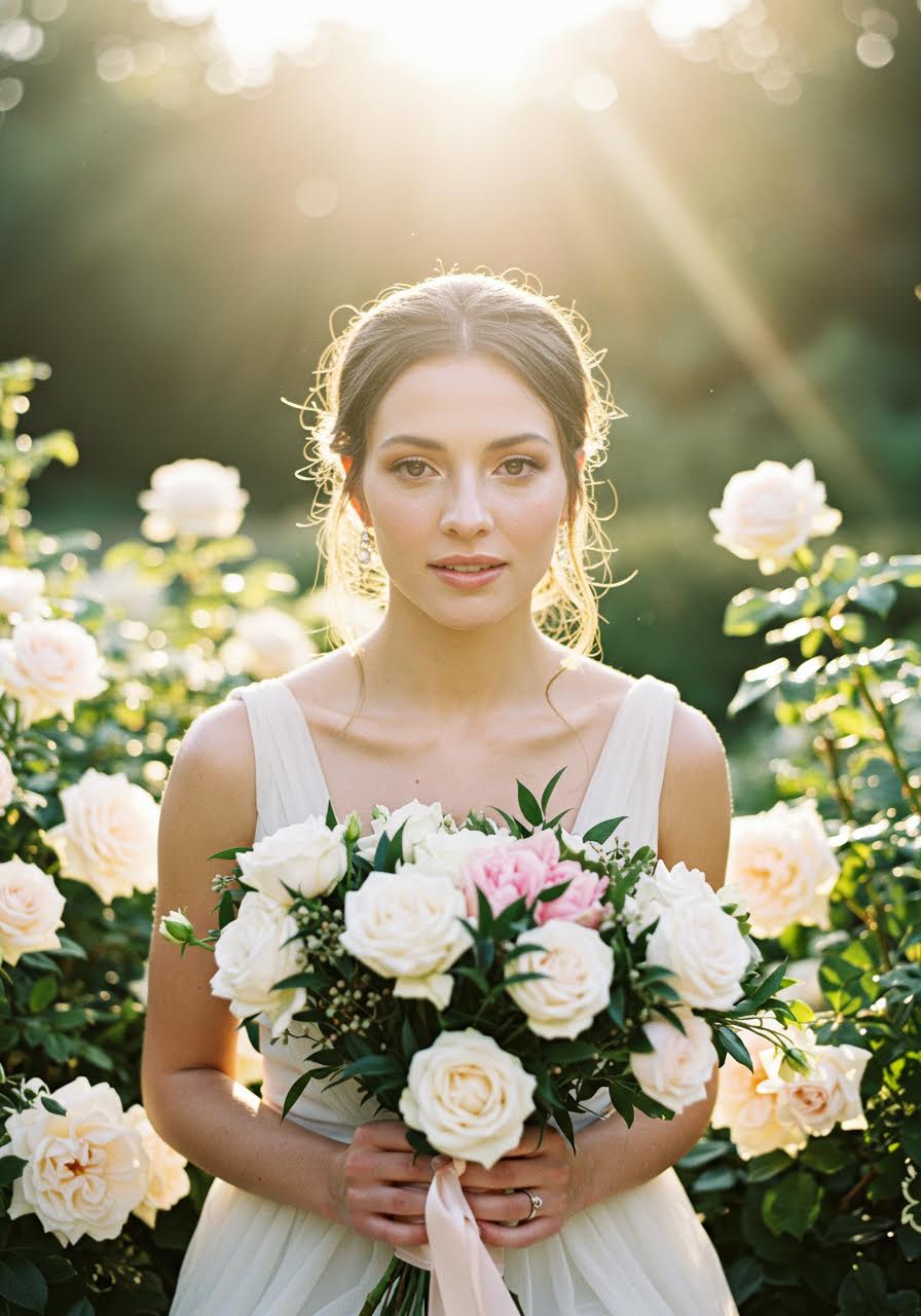 Radiant bride with fresh natural makeup featuring peachy blush and nude pink lips seated in sunlit garden surrounded by white roses