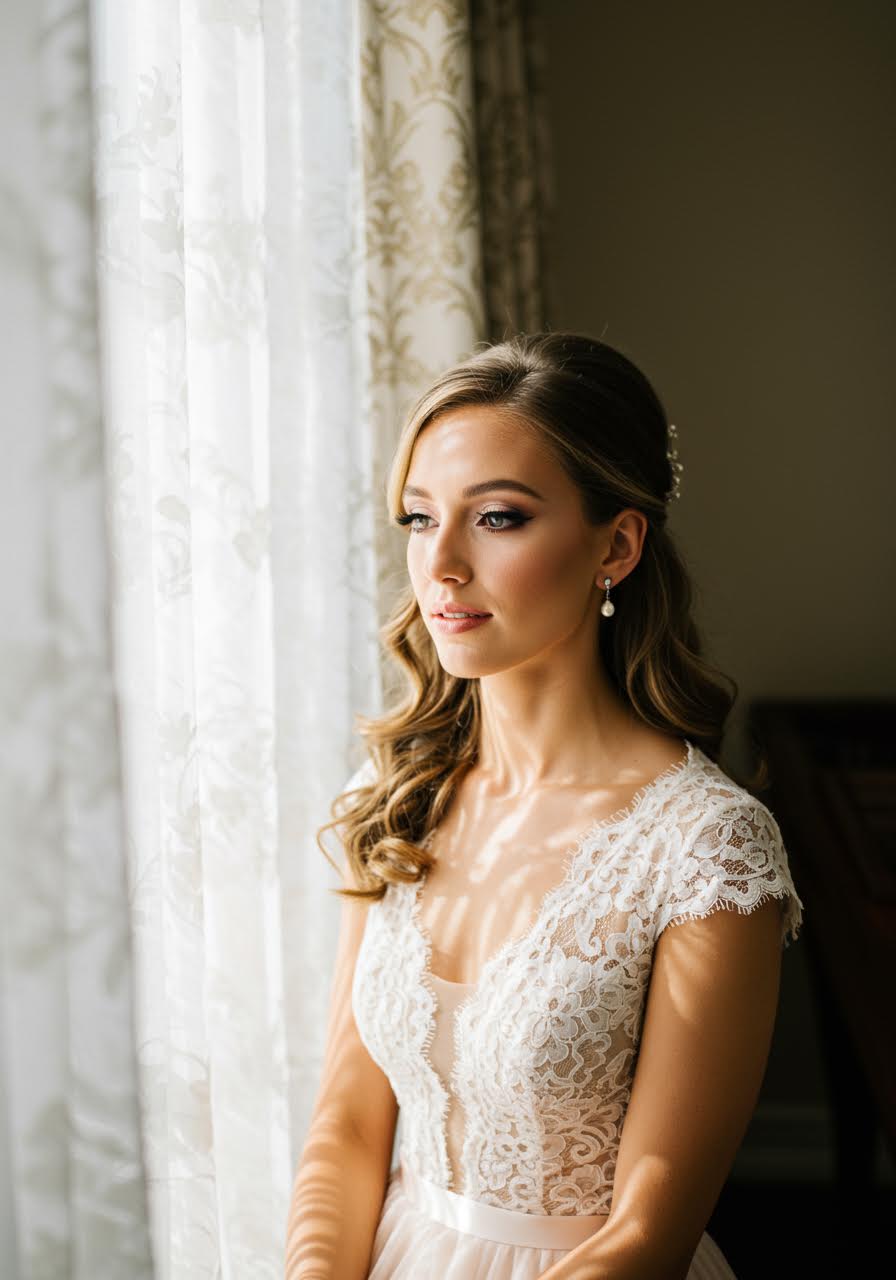 Beautiful bride wearing soft glam makeup with neutral eyeshadow and glossy nude lips captured in golden sunlit bridal suite