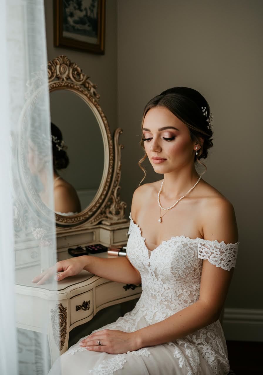 Romantic bride displaying warm rose gold eyeshadow and nude-pink lips seated at ornate vintage vanity in soft morning light