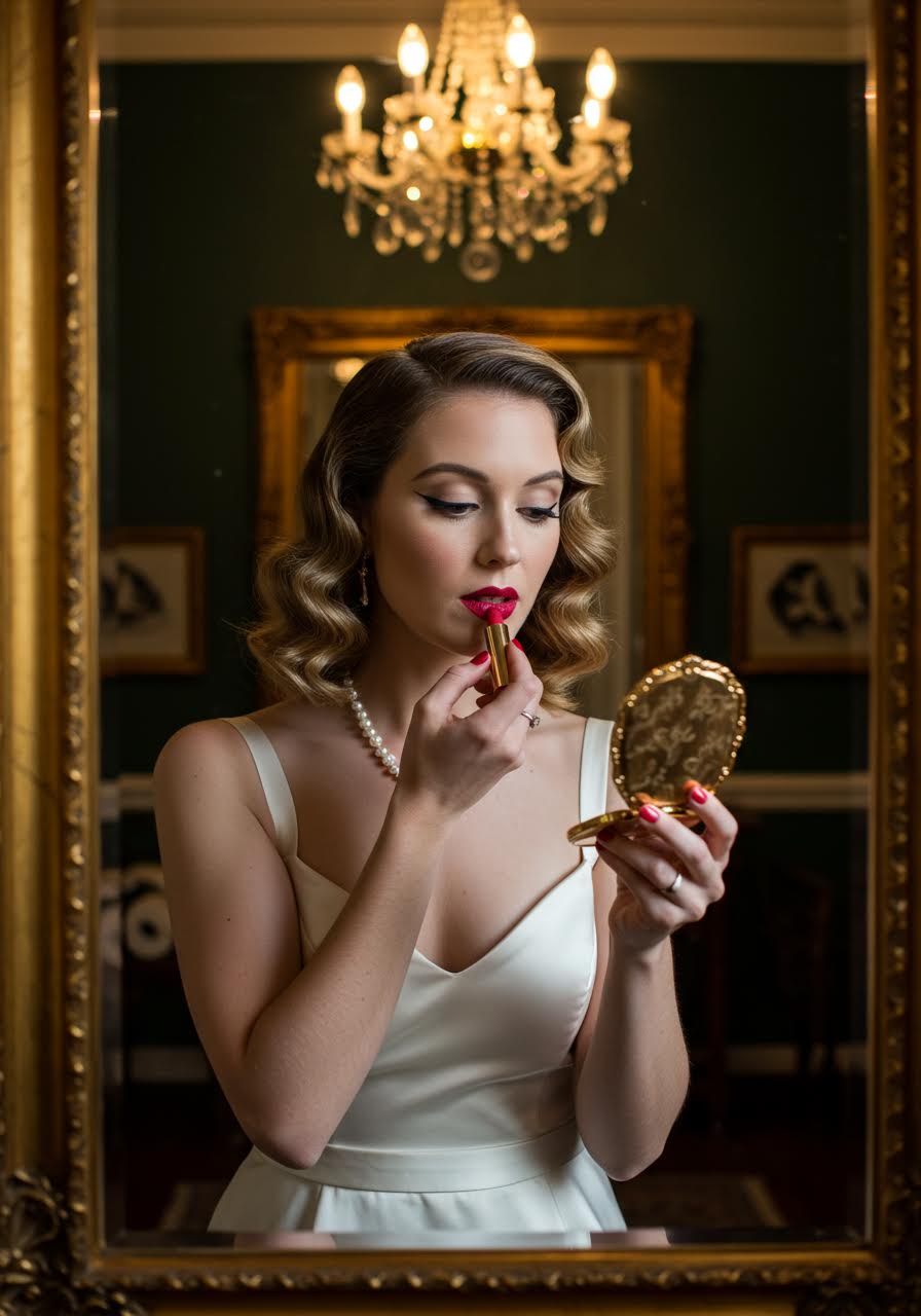 Glamorous bride embodying vintage Hollywood style with precise winged eyeliner and bold red lips in 1940s-inspired powder room