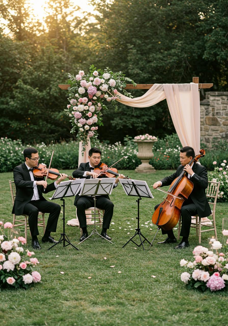 Classical string quartet performing at outdoor wedding ceremony in blooming garden courtyard