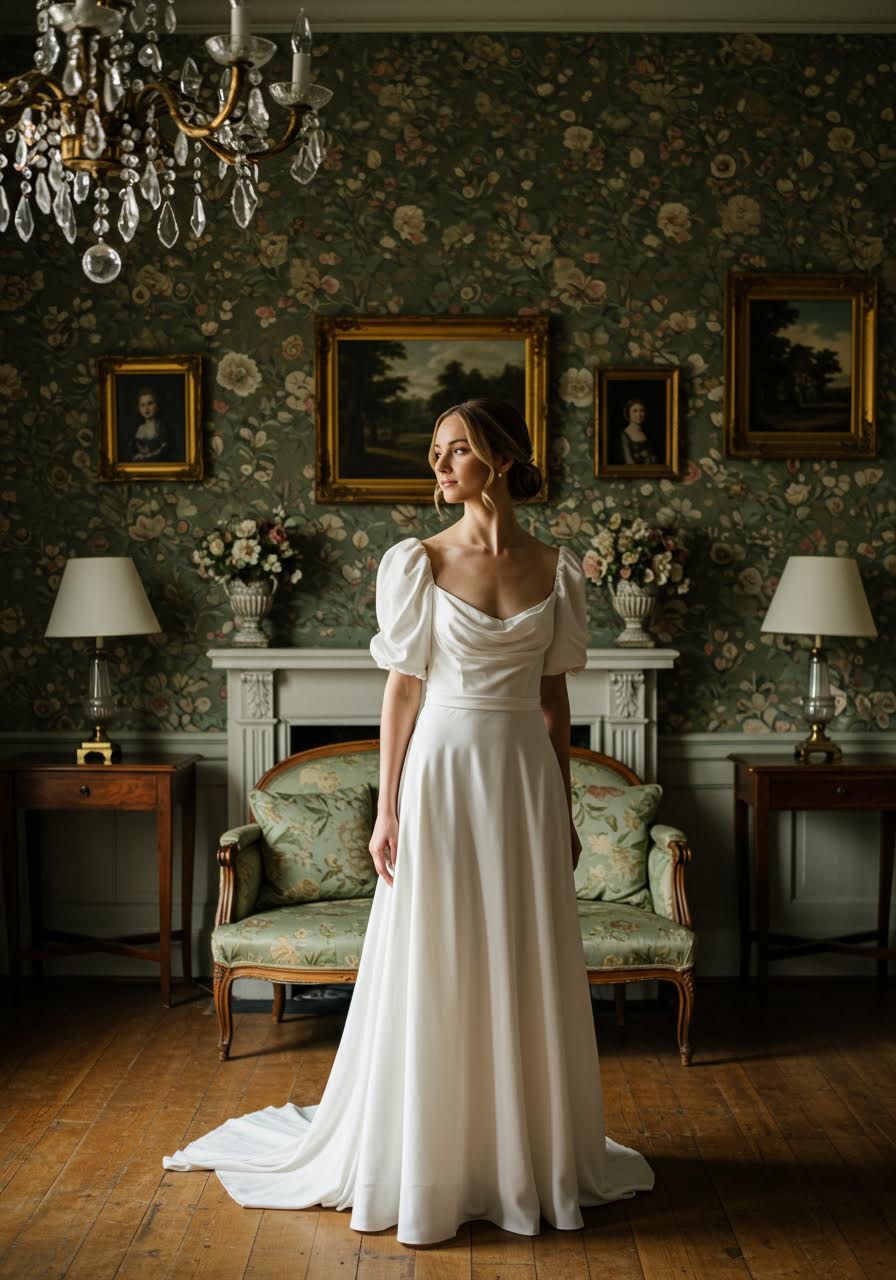 Stunning bride in empire waist wedding dress with delicate puff sleeves in ornate Regency drawing room