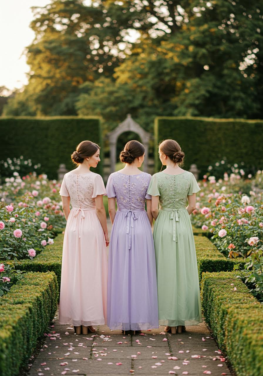 Three bridesmaids in empire waist dresses in blush pink, lavender, and sage green in English garden