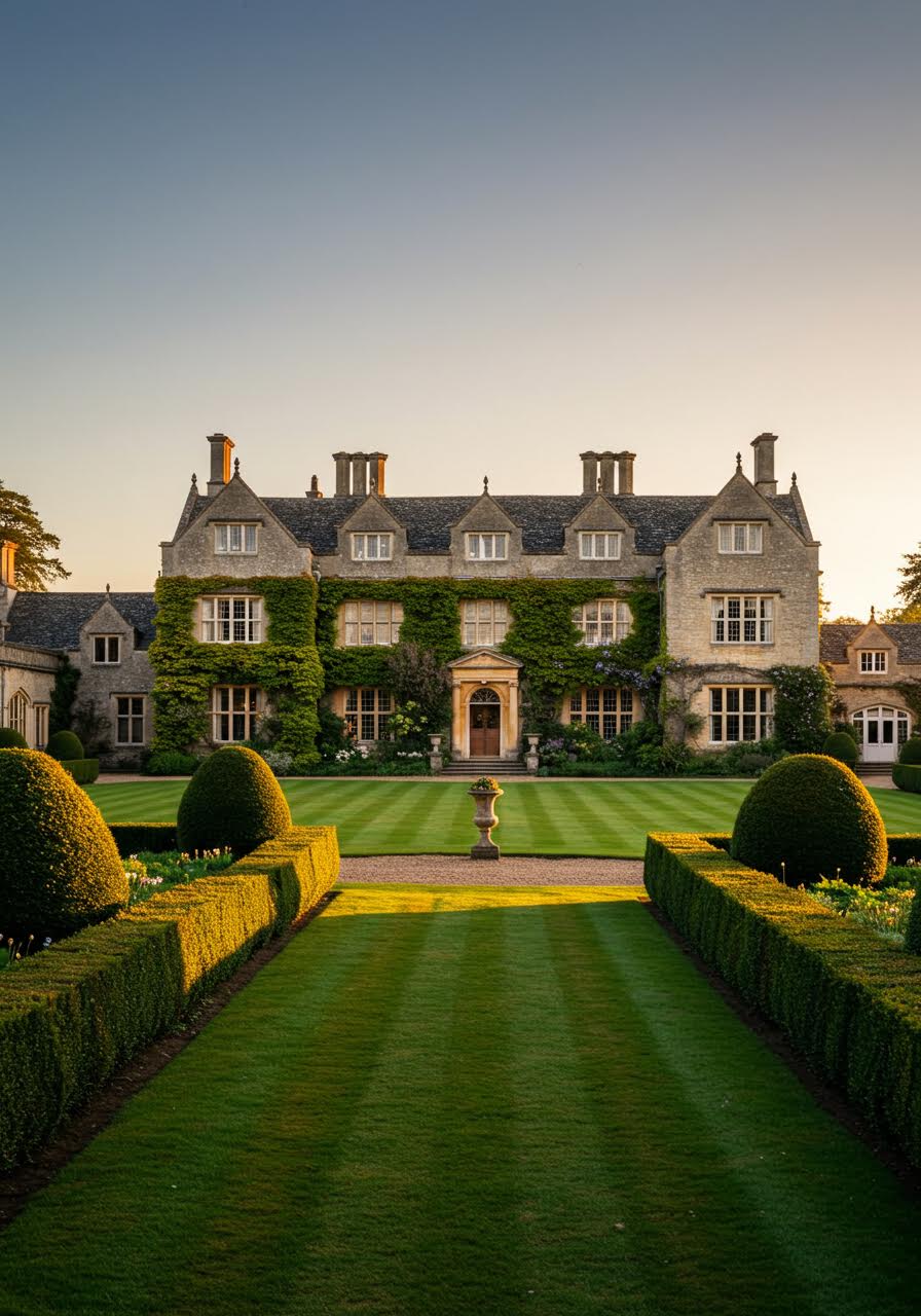 English manor house with ivy-covered stone walls and Georgian windows in manicured gardens
