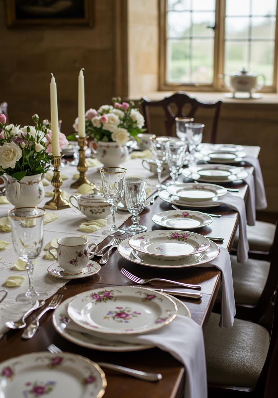 Vintage bone china place settings with floral patterns and gold details on mahogany table