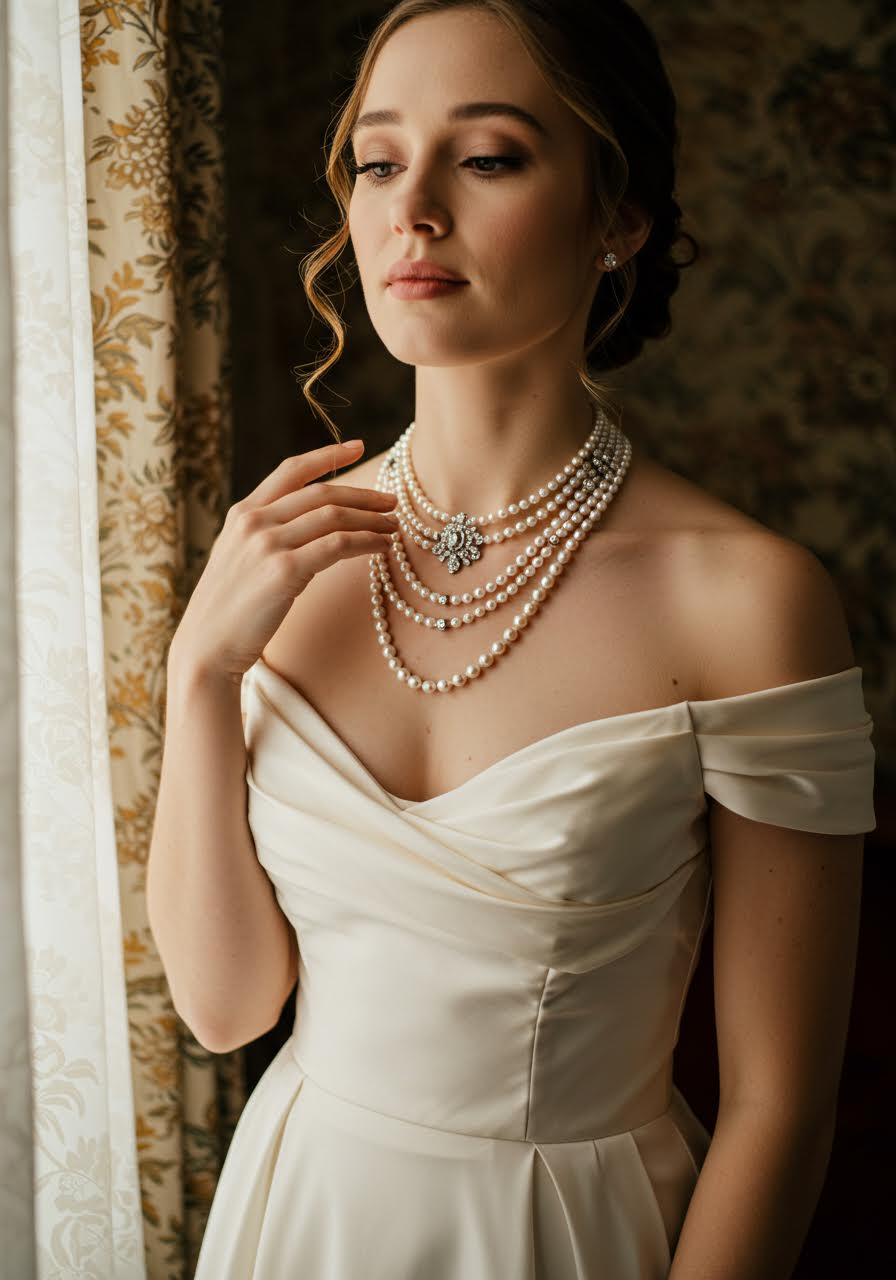 Close-up of bride wearing layered pearl and diamond choker necklace in vintage boudoir setting