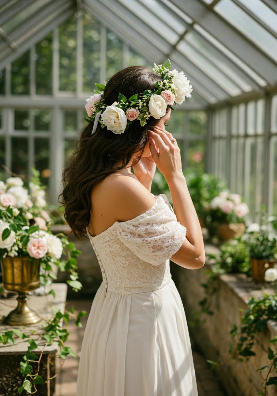 Bride wearing elaborate white peony and blush rose floral crown in sun-drenched conservatory