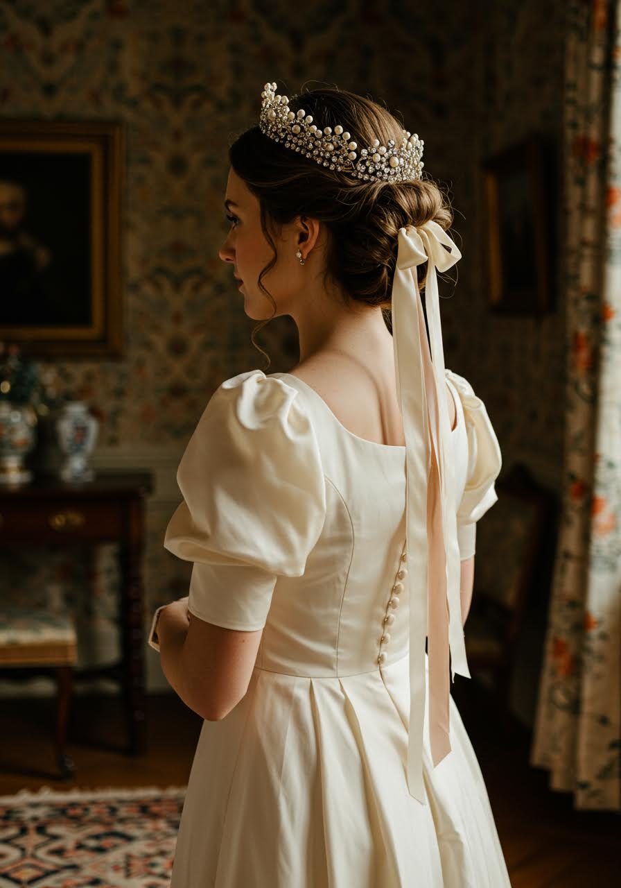 Regency bride wearing ornate pearl and diamond tiara with elegant updo in golden sunlit drawing room