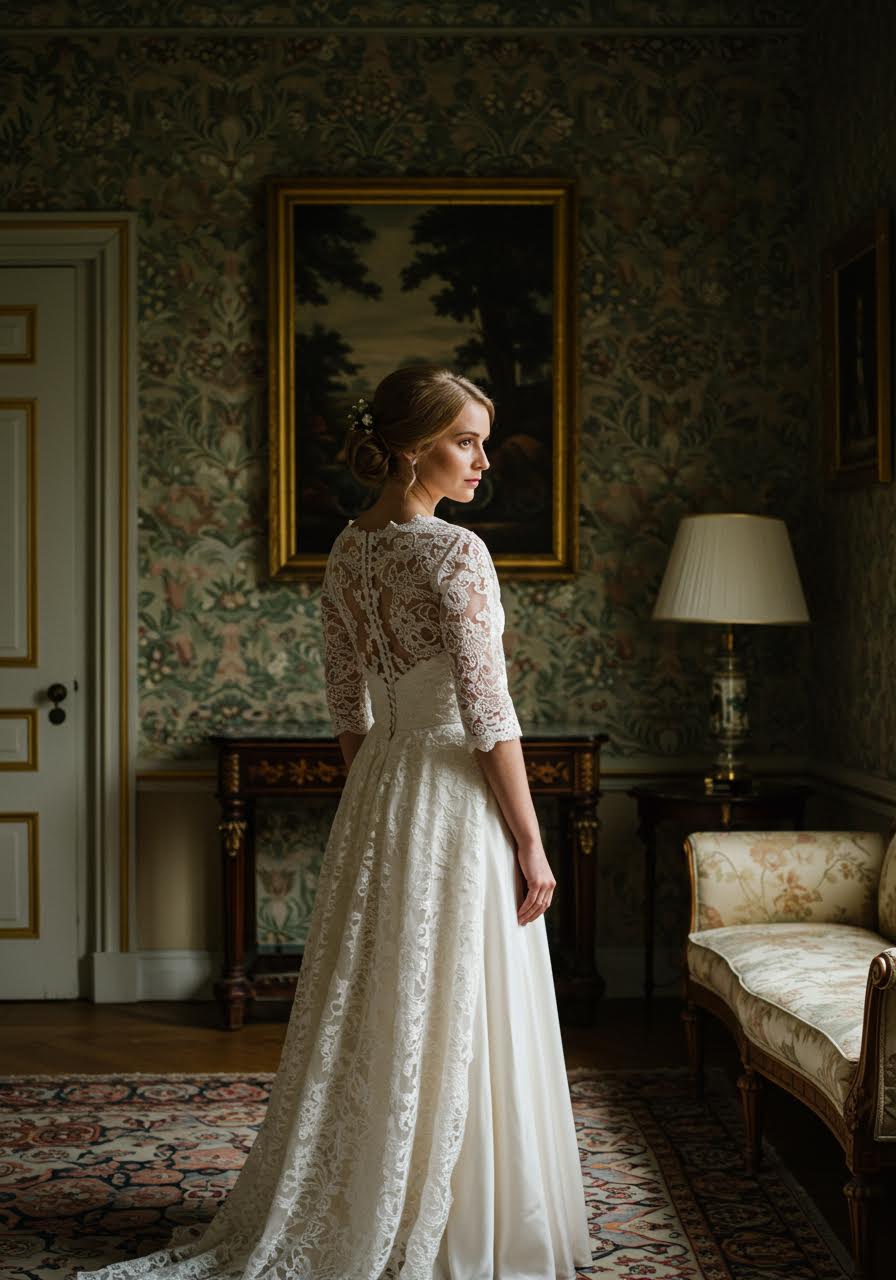 Bride in ivory wedding gown with intricate vintage lace sleeves and bodice in Regency drawing room