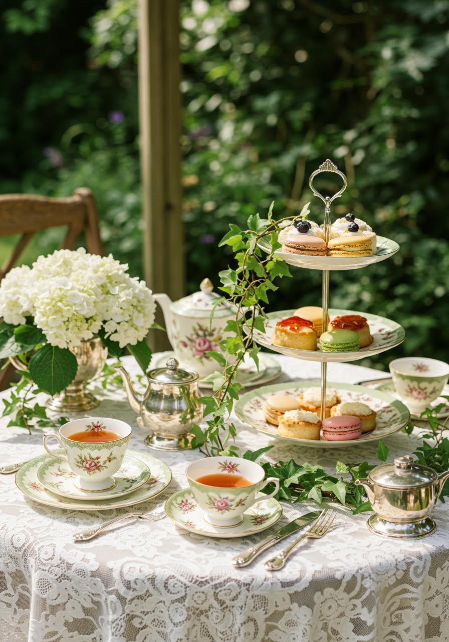 Ornate tea service with bone china and tiered stands in sunlit garden pavilion