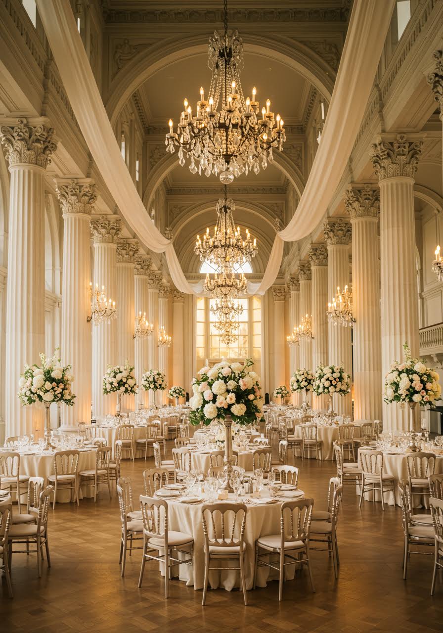 Grand ballroom with white columns, crystal chandeliers, and elegant table settings during golden hour