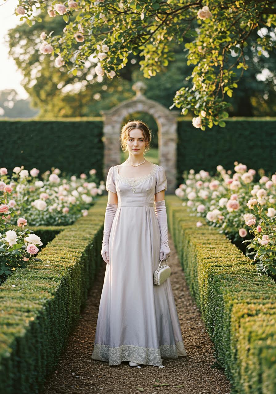 Wedding guest in flowing empire-waist lavender dress with lace trim and gloves in English garden