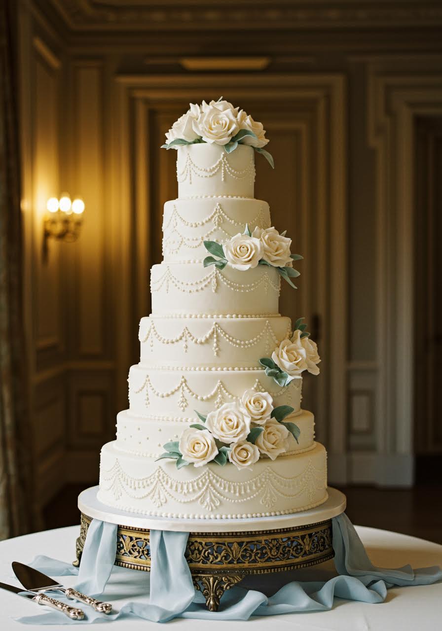 Multi-tiered white wedding cake with intricate royal icing and sugar flowers
