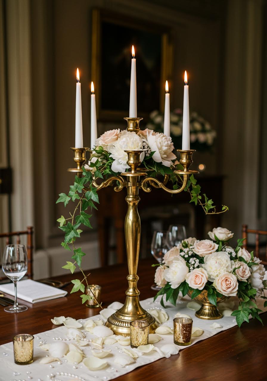 Ornate gold candelabra with white peonies and trailing ivy on mahogany table