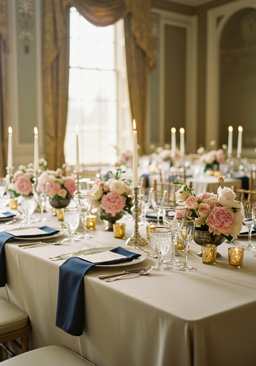 Elegant wedding reception table with fine bone china and crystal stemware on ivory linens