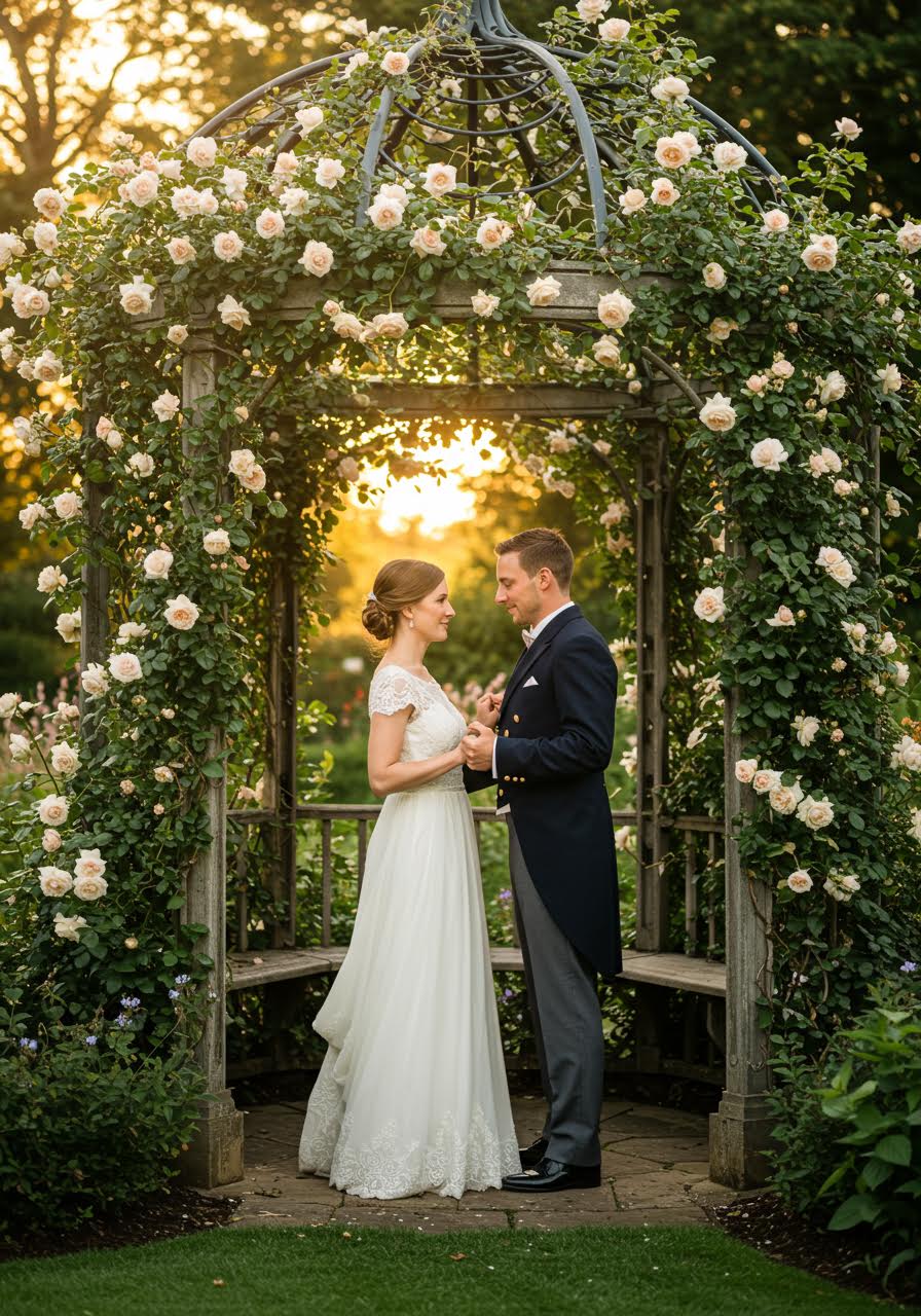 Intimate wedding portrait of couple dancing in ornate garden gazebo with climbing roses