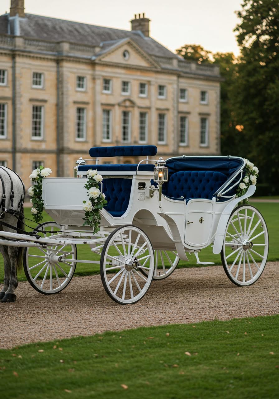 Elegant white horse-drawn landau carriage with navy velvet cushions on estate driveway