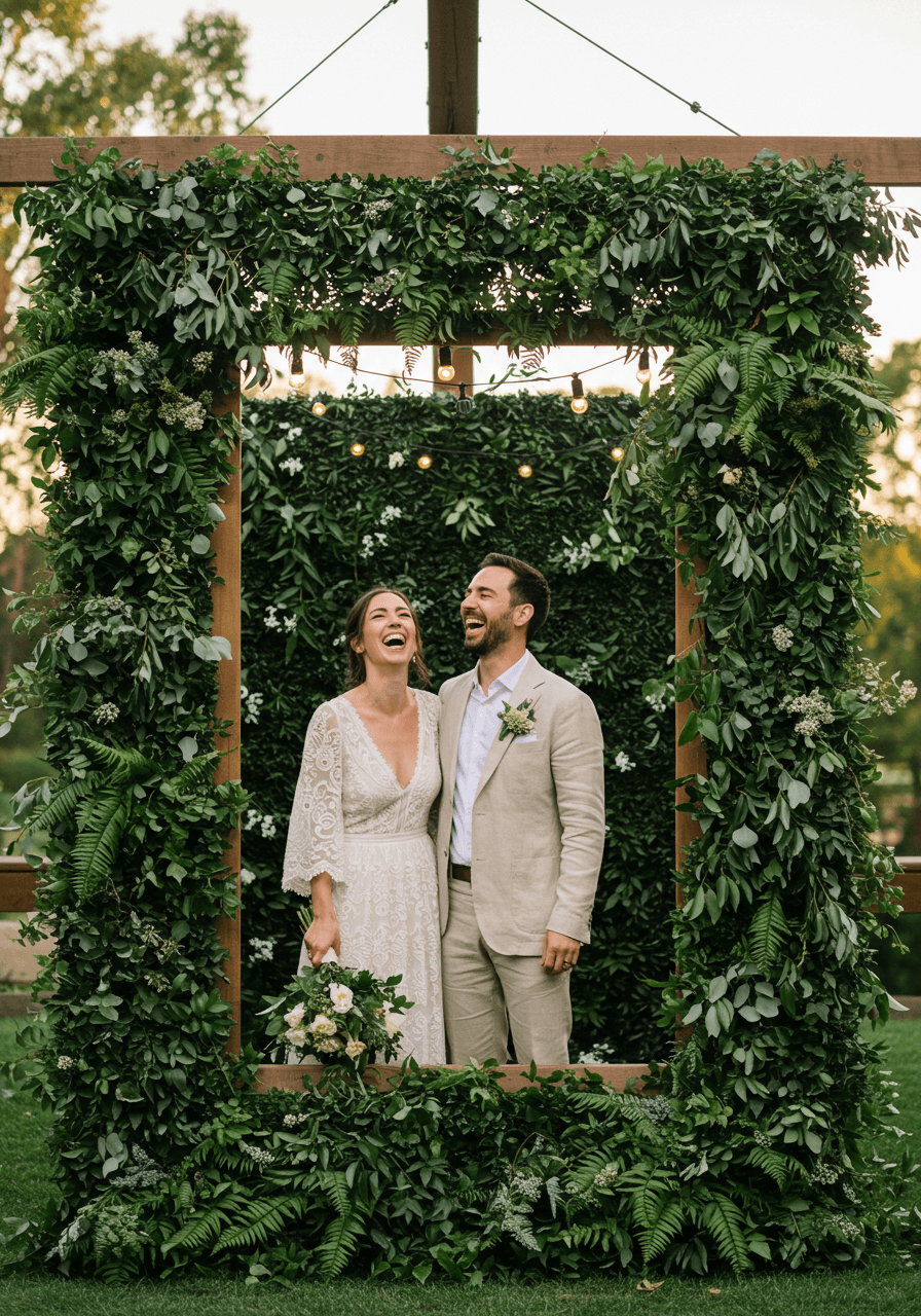 Couple laughing together in front of lush living wall photo booth backdrop with ivy and eucalyptus