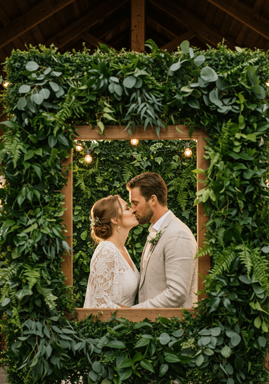 Couple kissing in front of cascading greenery photo booth with fairy lights during golden hour