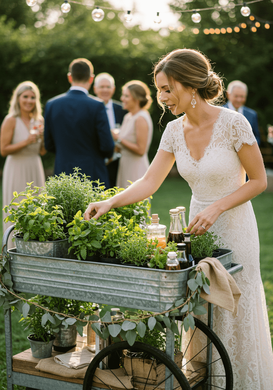 Bohemian bride in lace dress selecting fresh mint from mobile herb garden bar cart