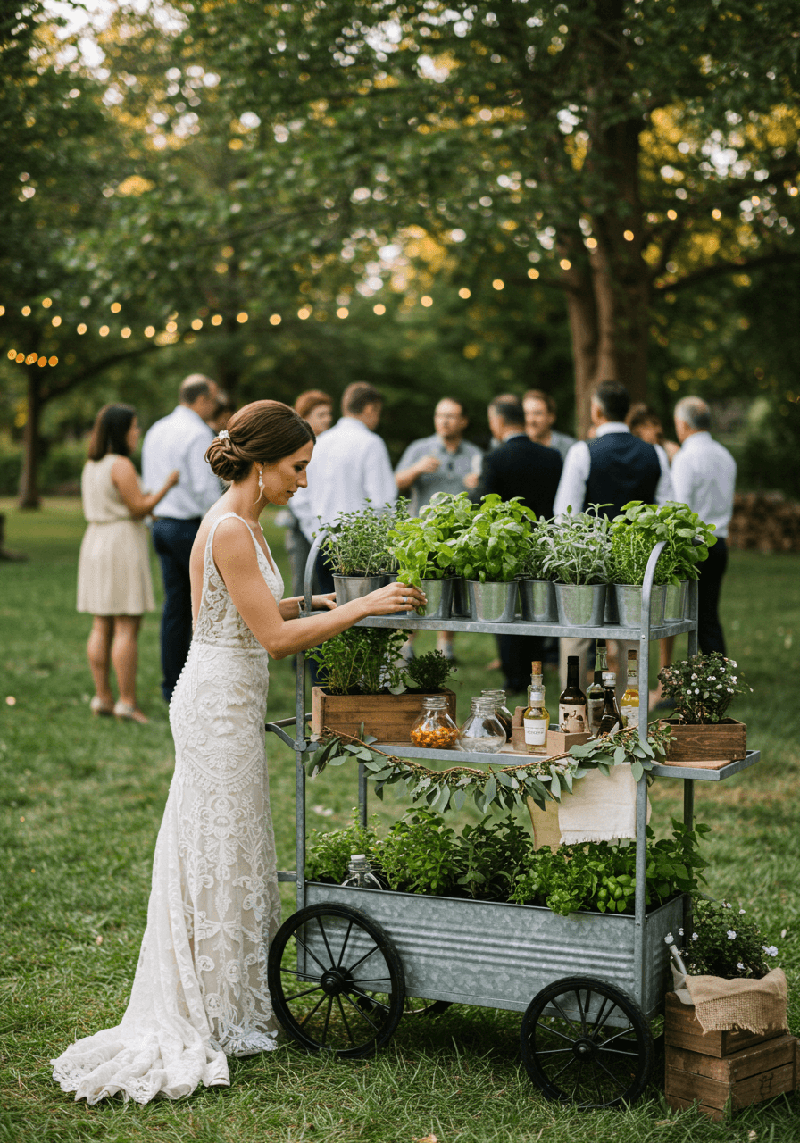 Wide shot of bride at herb garden cocktail station with overflowing planters and craft cocktail setup