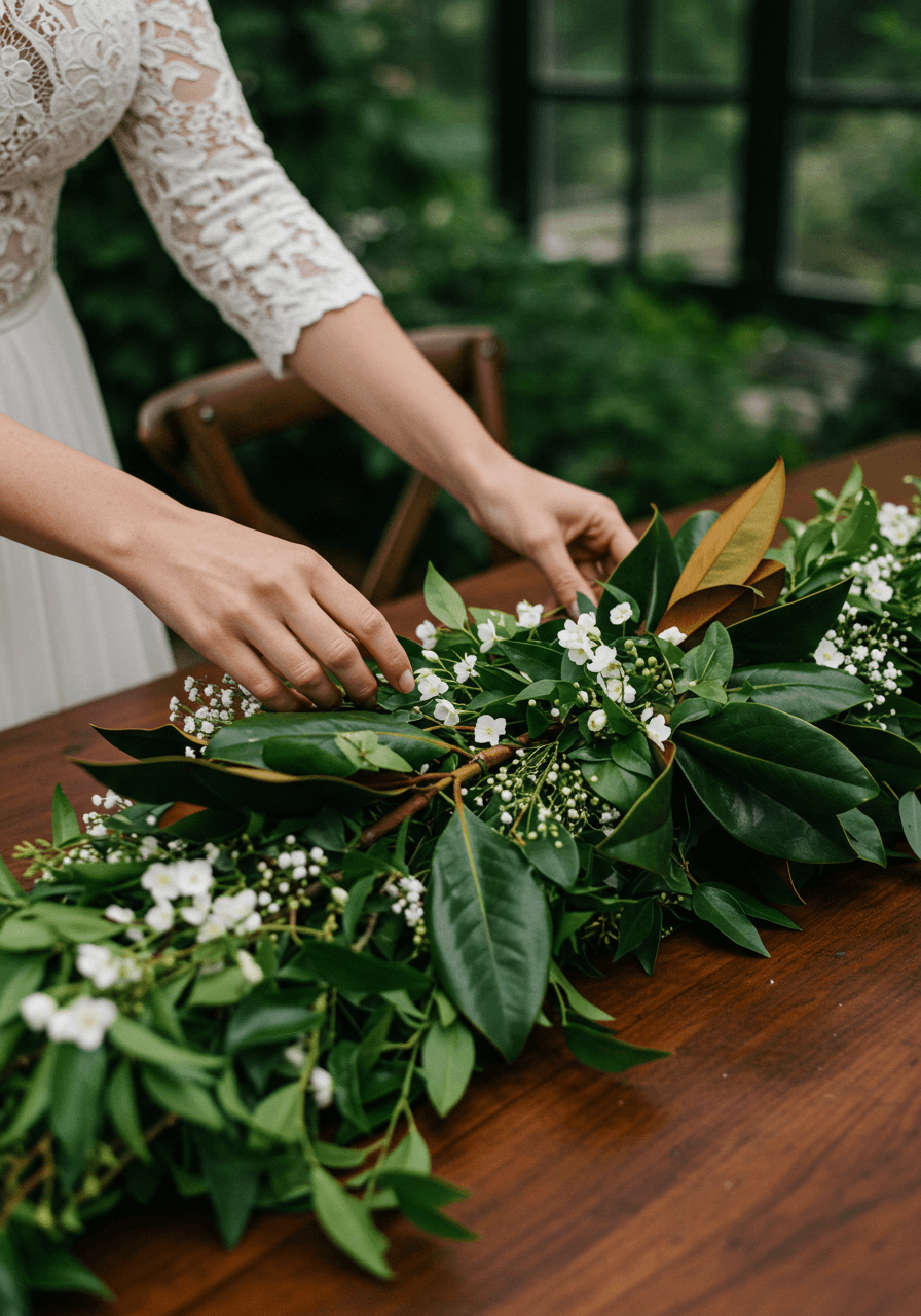Bride arranging magnolia leaf and jasmine vine table runner in indoor conservatory