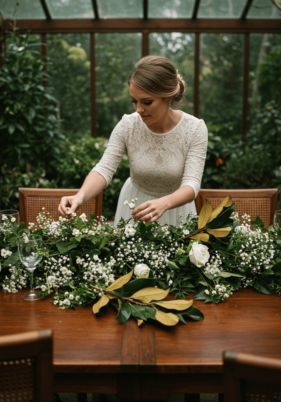 Hands styling overflowing foliage table runner with baby's breath and jasmine accents