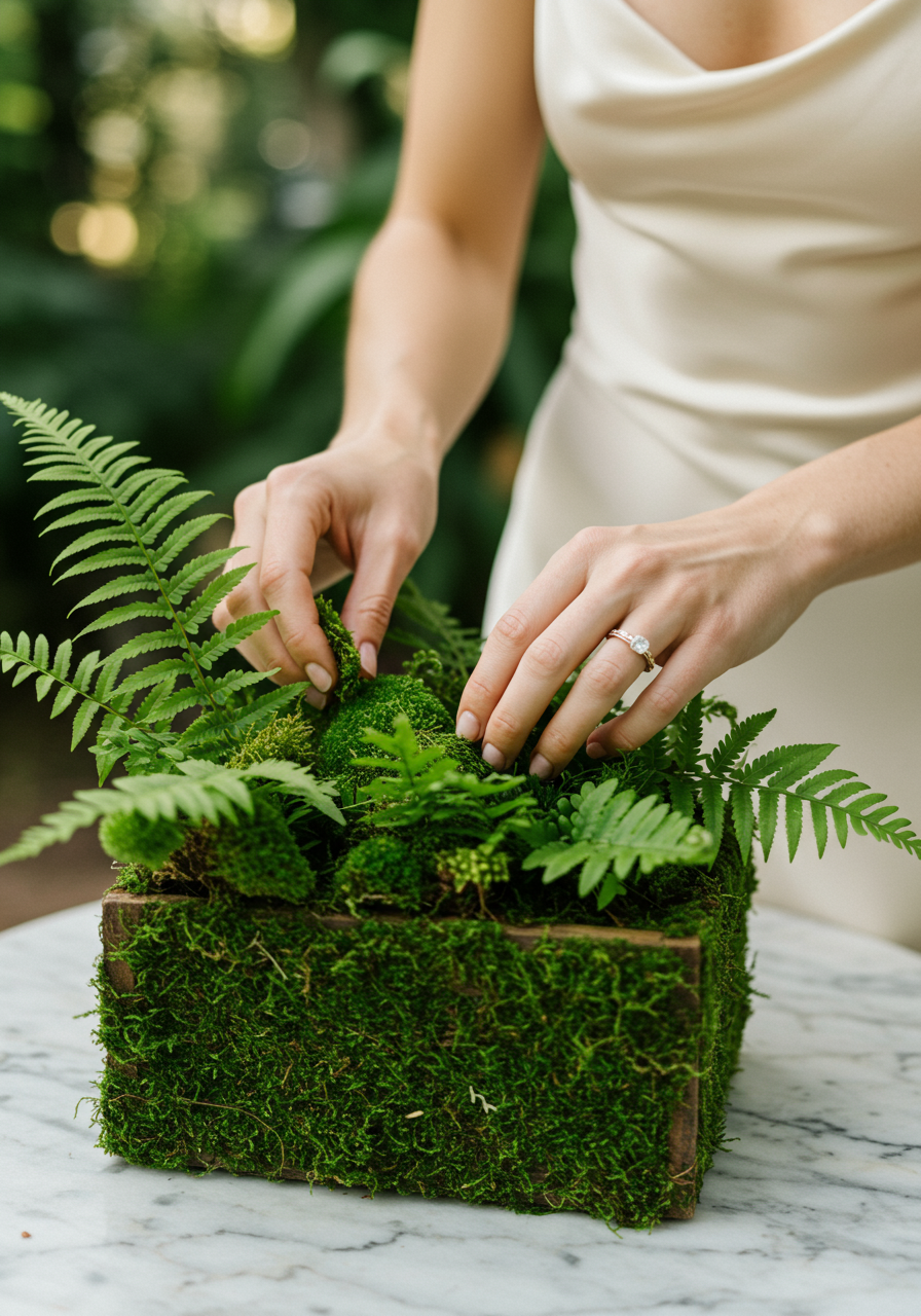 Bride arranging moss-covered wooden box with fern varieties on marble table during golden hour