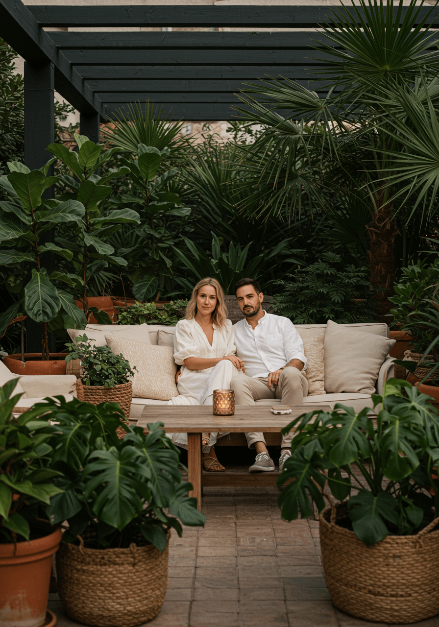 Couple on cream sofa surrounded by large potted plants including fiddle leaf figs and monstera