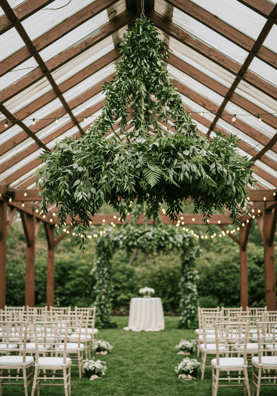 Dramatic greenery chandelier with eucalyptus and ferns suspended above outdoor ceremony seating