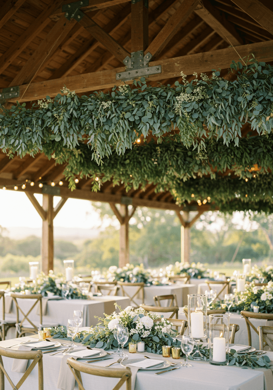 Hanging eucalyptus garlands suspended over outdoor pavilion reception tables during golden hour