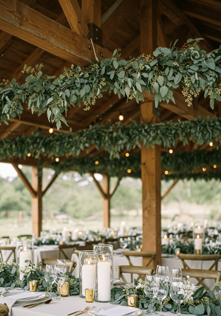 Detail of eucalyptus garland and baby's breath suspended above reception table with candles