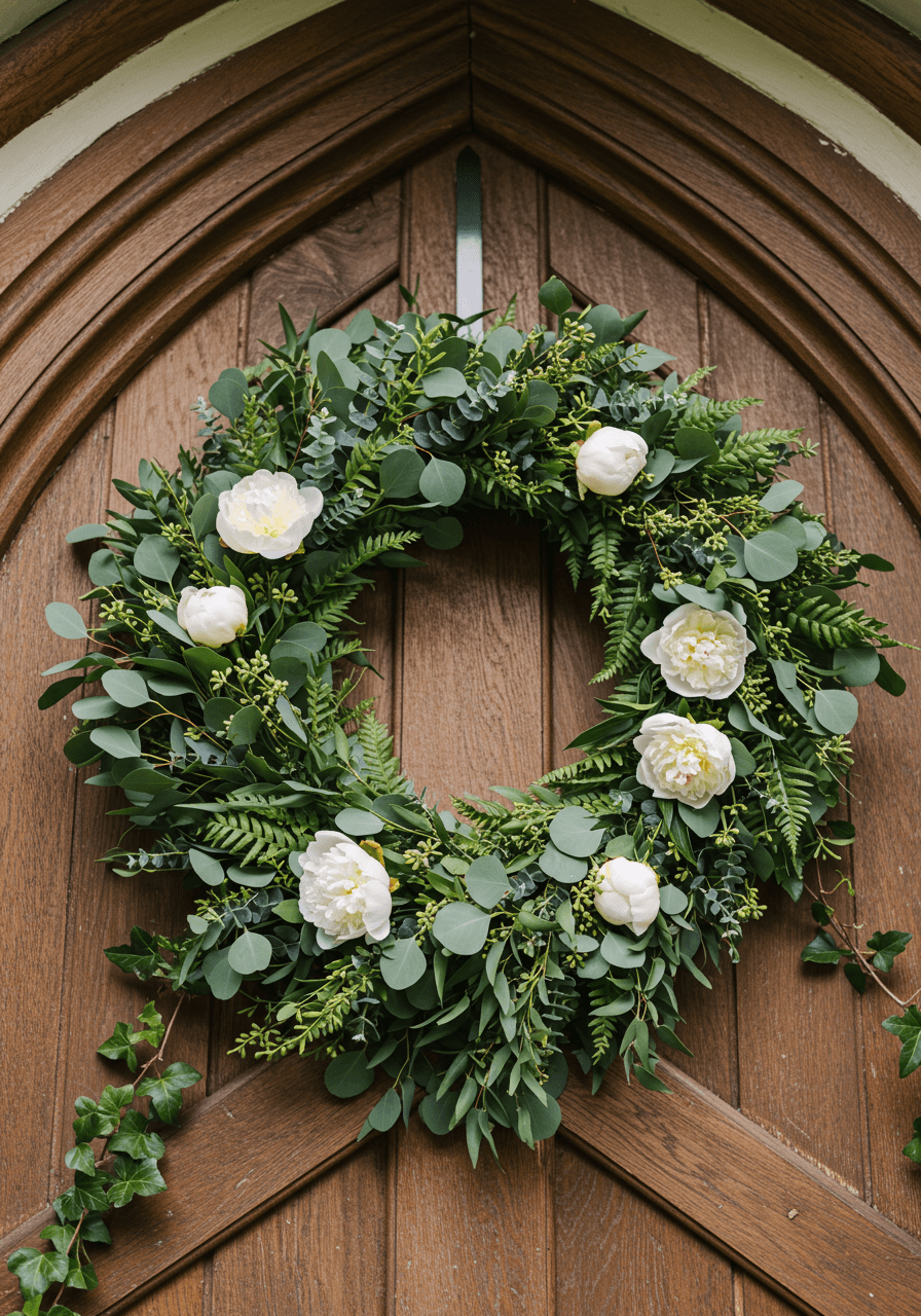 Low angle view of lush eucalyptus and peony ceremony entrance wreath on weathered wood doors
