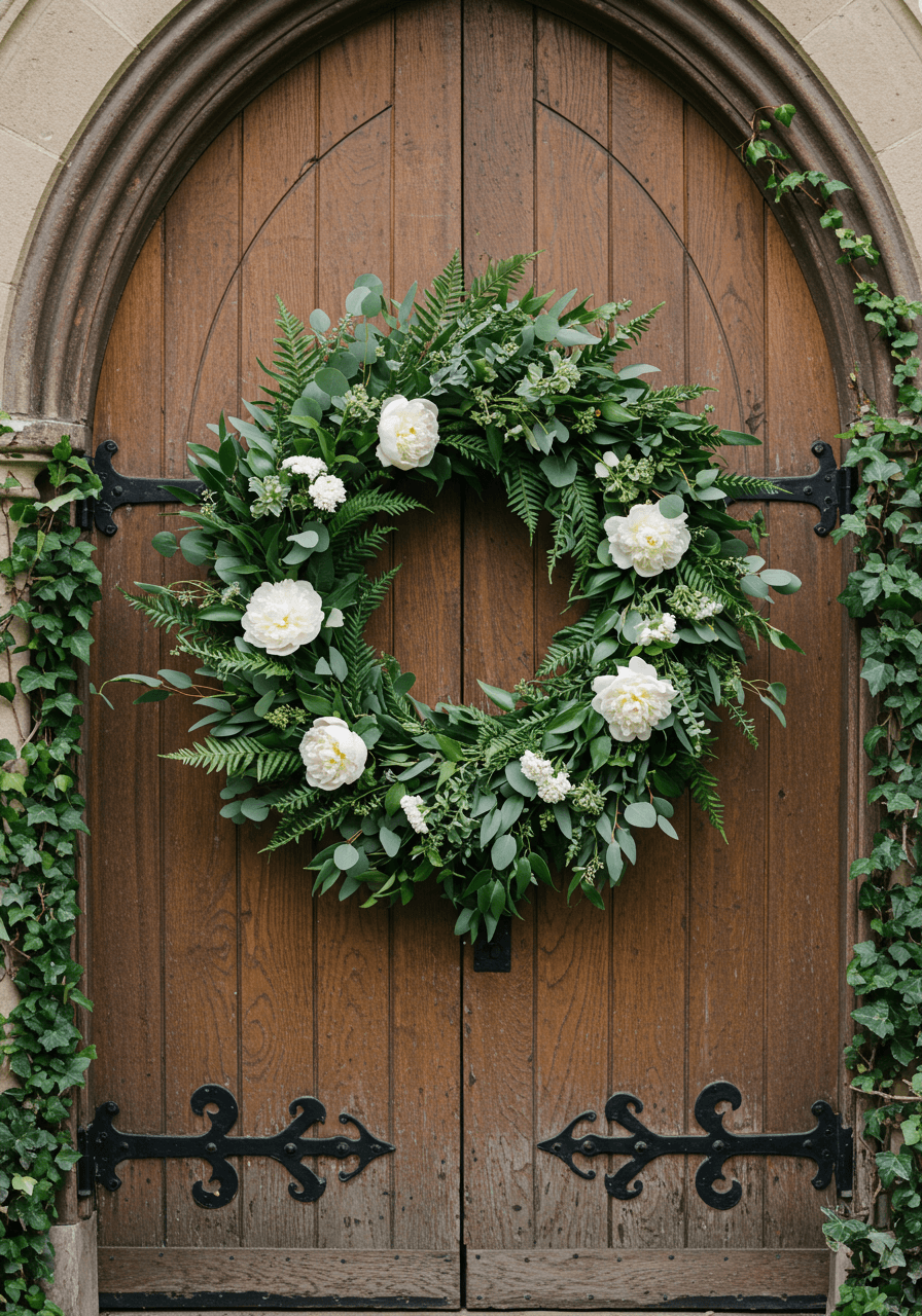 Full eucalyptus, fern, and white peony wreath hanging on rustic wooden church doors