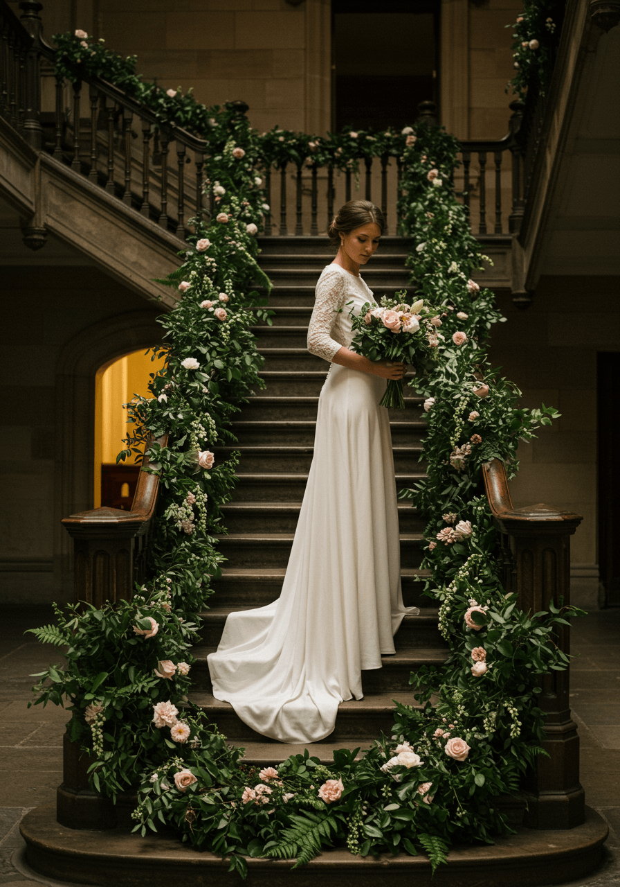 Bride in ivory silk gown descending grand staircase wrapped in fern and jasmine garland