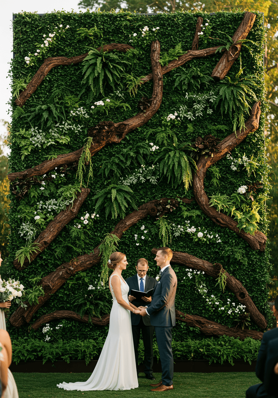 Wide view of outdoor garden ceremony with massive living greenery wall backdrop
